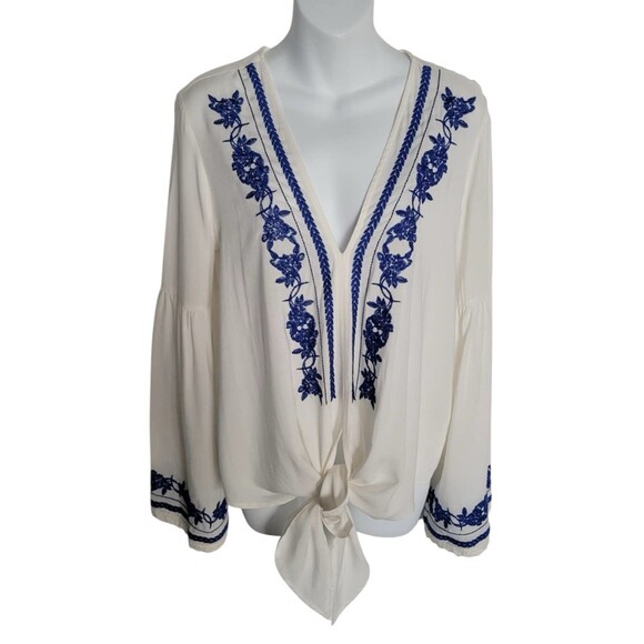 Lovestitch Boho Embroidered Front Tie Blouse Top - Picture 2 of 14